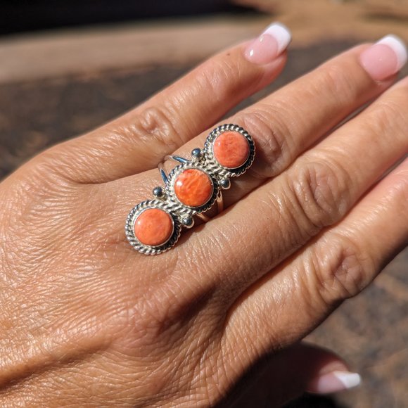 Navajo Sterling Silver Ring Orange Spiny Handcrafted Authentic Jewelry sz 7.25** - Picture 8 of 8